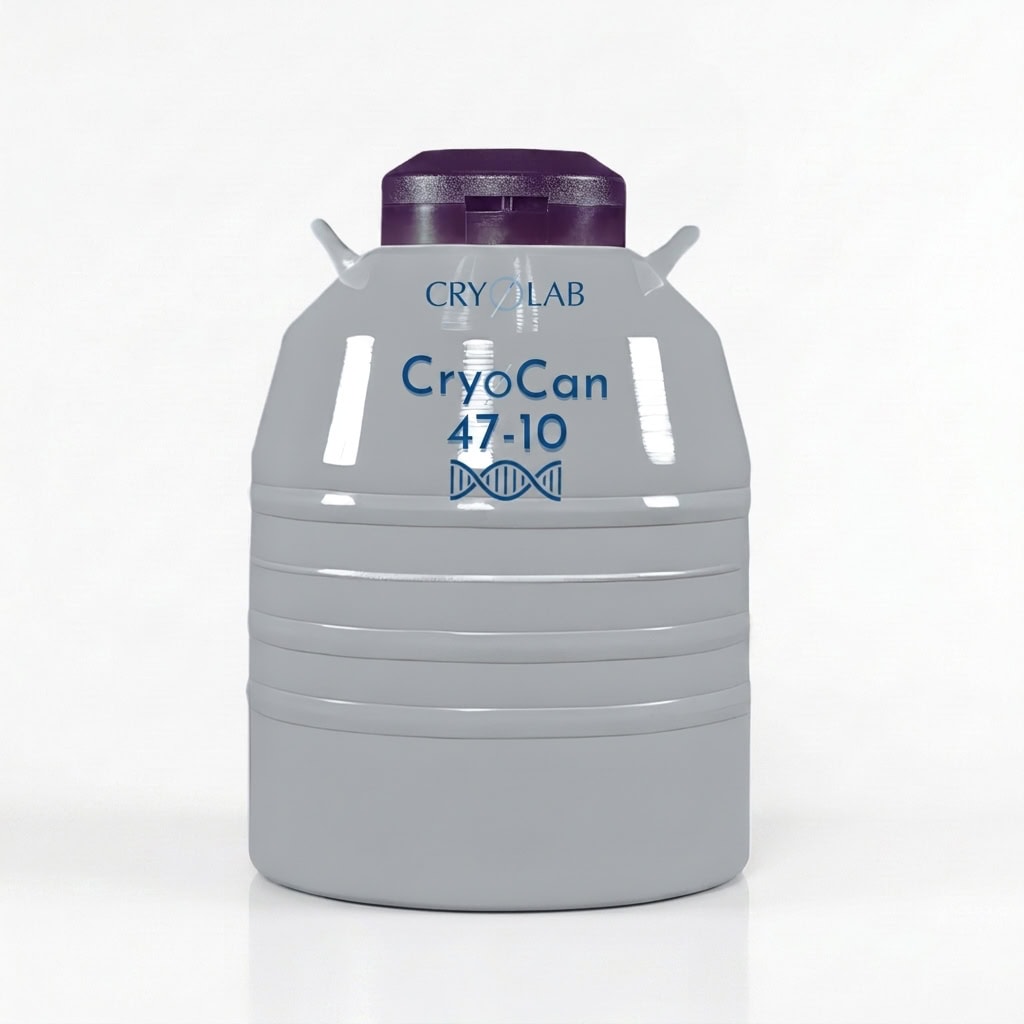 CryoCan 47-10 liquid nitrogen container with purple neck plug, front view