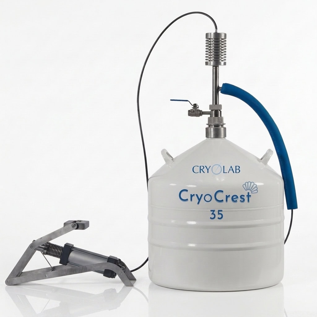 CryoCrest 35L liquid nitrogen vessel with dispenser head, foot pump and blue delivery hose